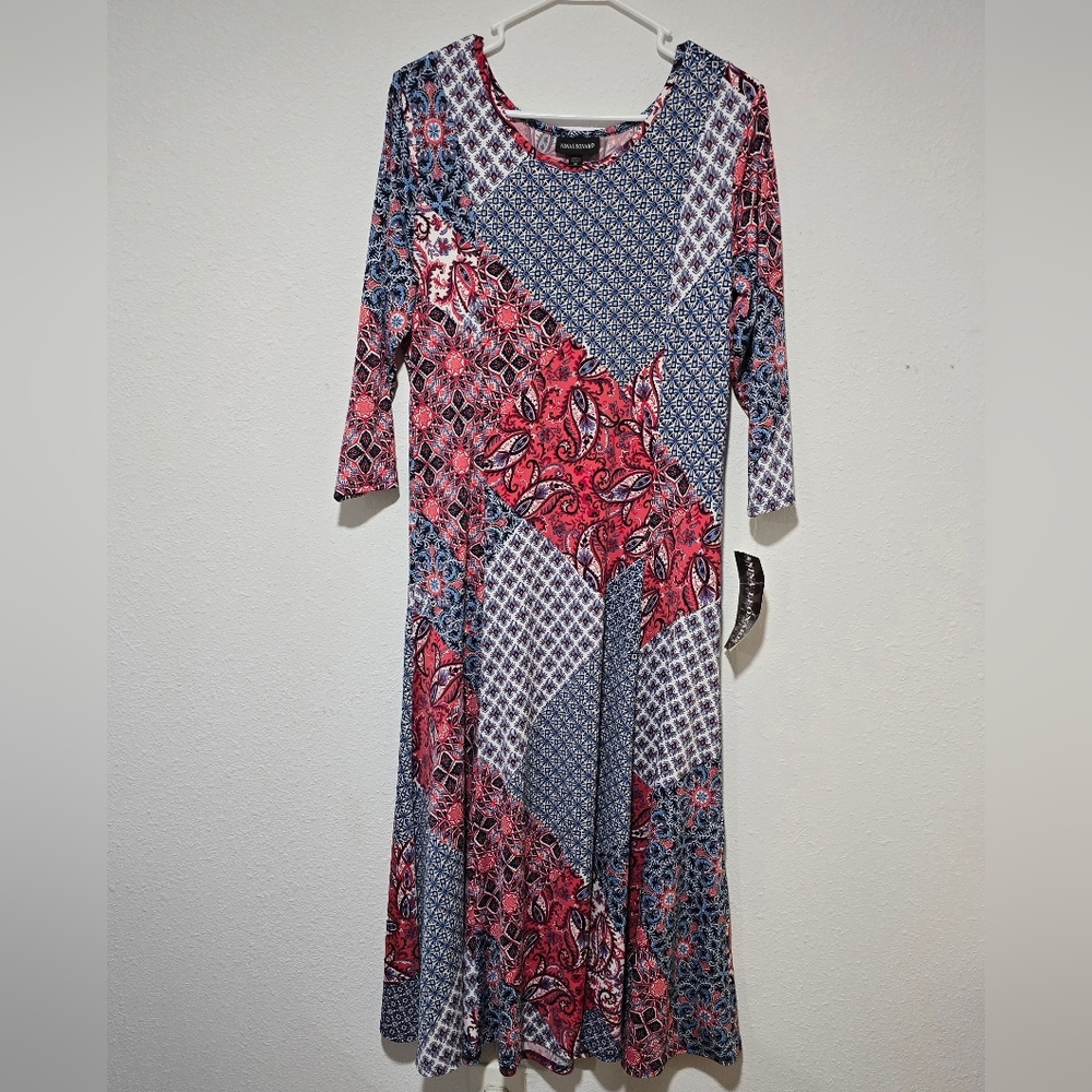 Nina Leonard NWT 3/4 Sleeve Size Medium Midi Dress Patchwork Paisley Blue Red